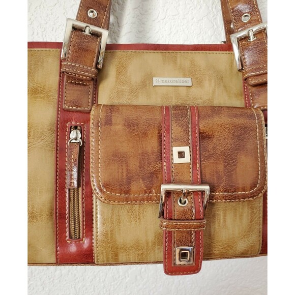 Naturalizer Brown/Red faux leather shoulder bag buckle 5 compartment 15"X8" Used - Picture 3 of 11